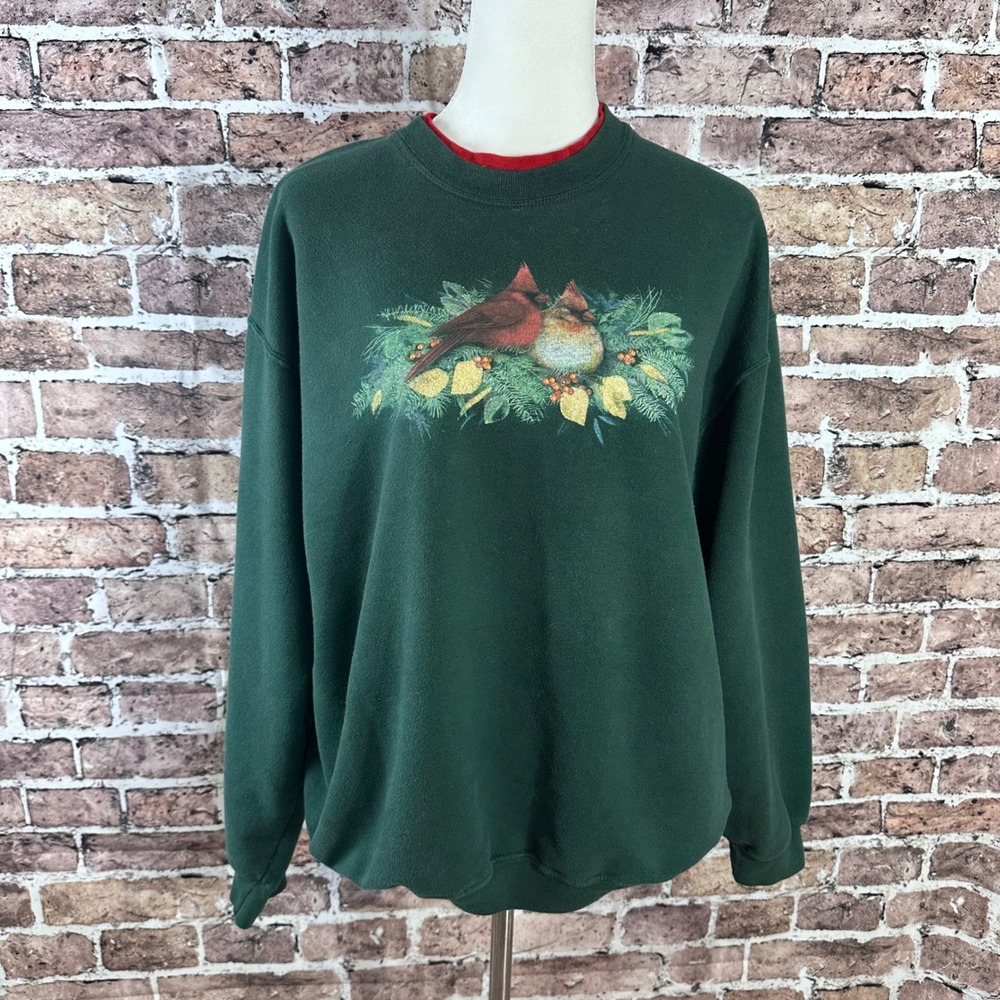 VTG Cardinal Bird Graphic Sweatshirt Women's Large‎ Green Crewneck Long Sleeve